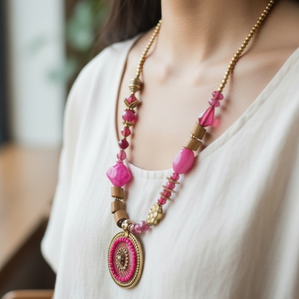 Treska Vibrant Pink and Gold Necklace